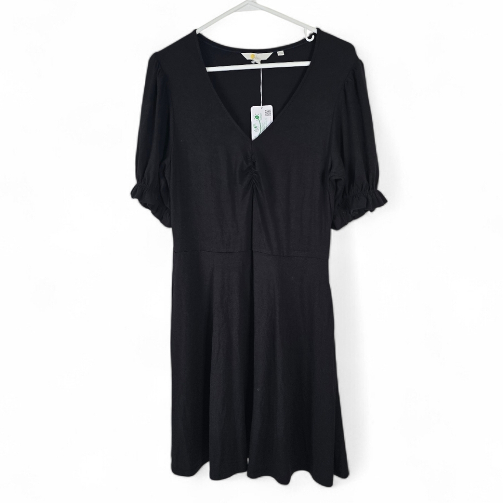 NWT Boden Black V Neck Jersey Mini Dress 8R Ruffle Sleeves Gathered Front